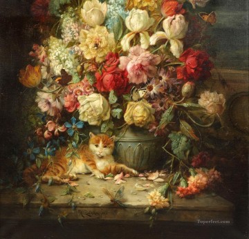 gato bajo flores Hans Zatzka Pinturas al óleo